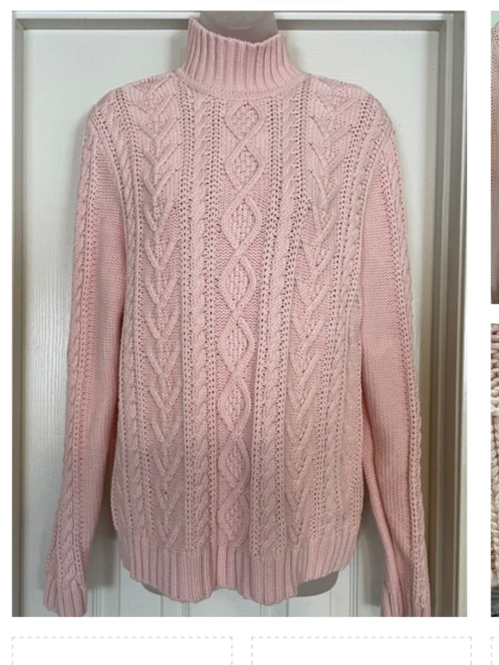 Title: Chaps • Ralph Lauren Pink CHANKY Cable Knit Mock Neck Sweater • Size L - Picture 6 of 9